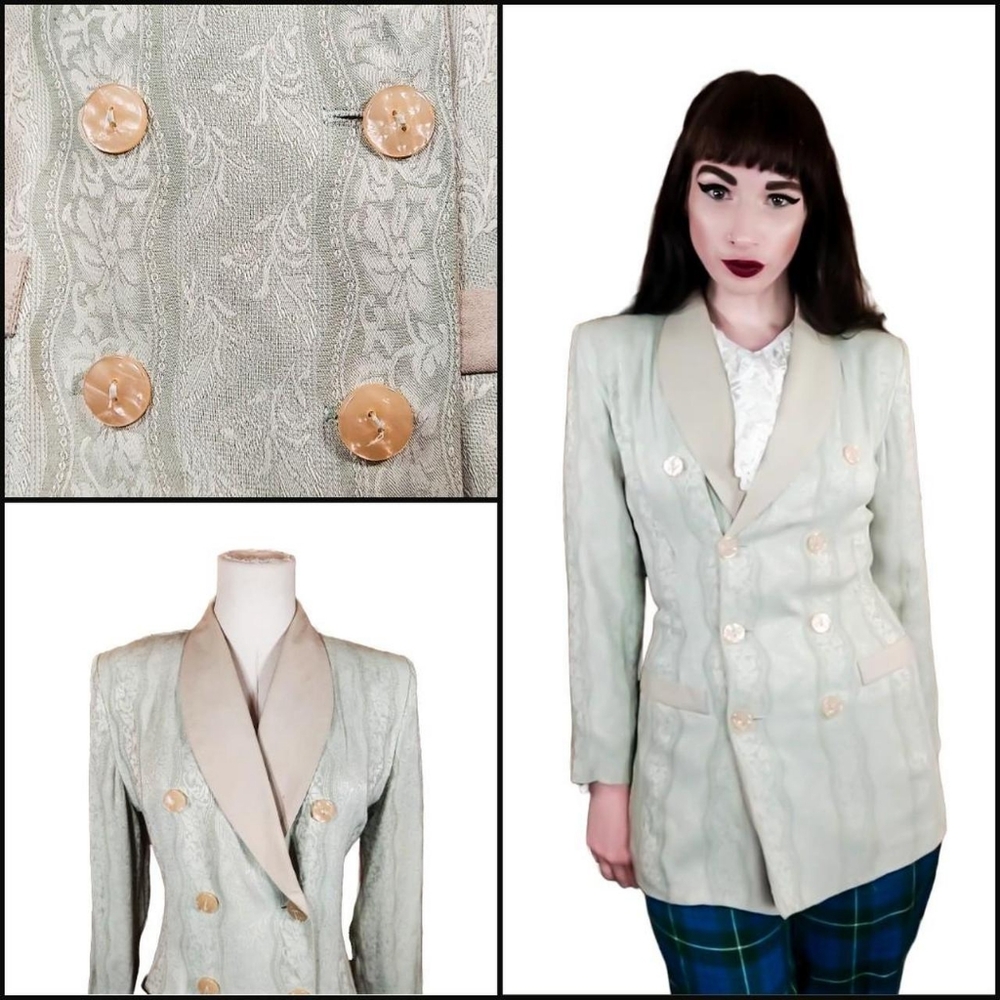 Vintage 1990s Double Breasted Monochrome Mint Green Blazer Shawl Collar Jacket